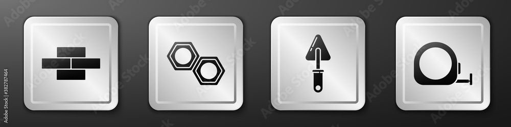 Set Bricks, Hexagonal metal nut, Trowel and Roulette construction icon. Silver square button. Vector