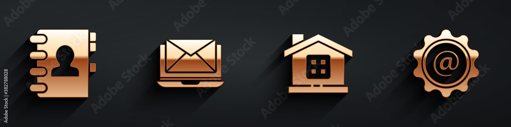 Set Address book, Laptop with envelope, House and Mail and e-mail icon with long shadow. Vector.