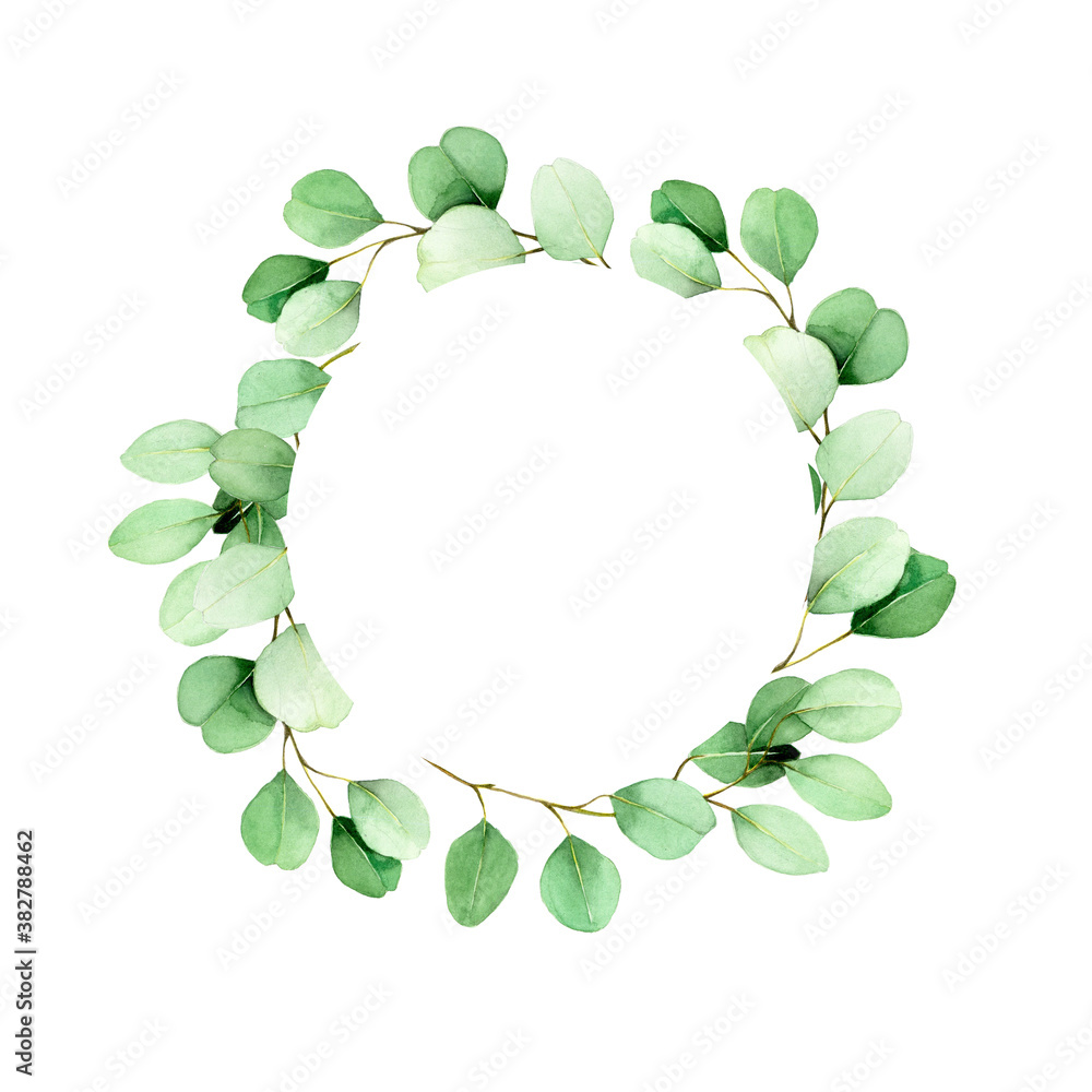 round frame made of watercolor leaves and branches of eucalyptus. isolated on white background frame