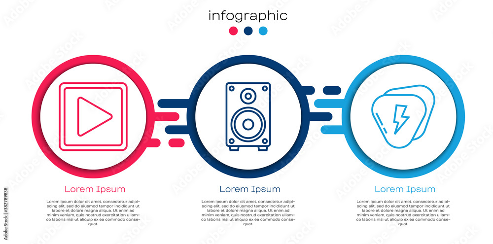 Set line Play in square, Stereo speaker and Guitar pick. Business infographic template. Vector.