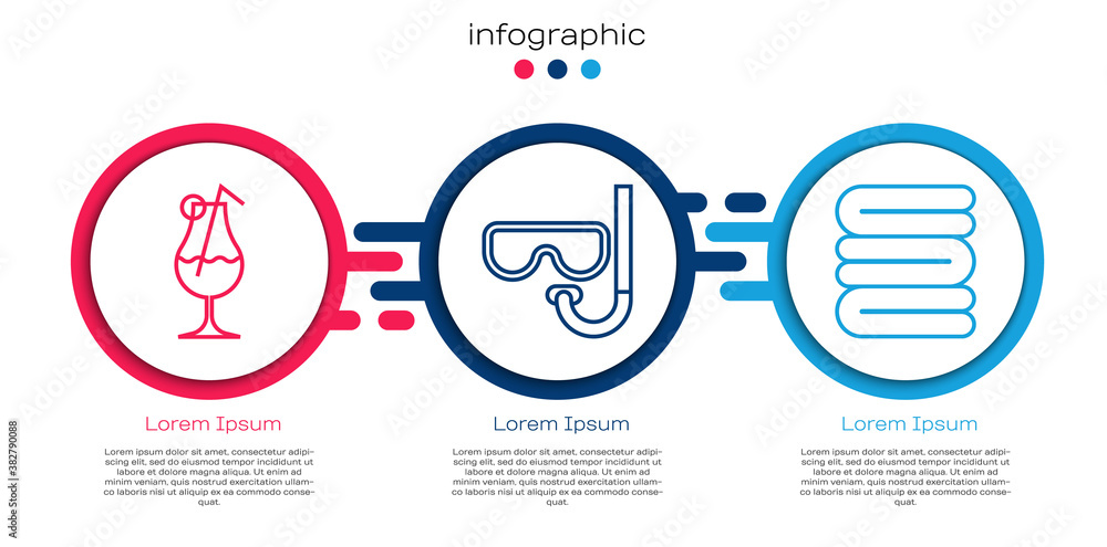 Set line Cocktail and alcohol drink, Diving mask and snorkel and Towel stack. Business infographic t