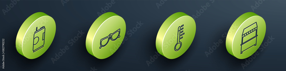 Set Isometric Soda can, Glasses, Meteorology thermometer and Street stall with awning icon. Vector.