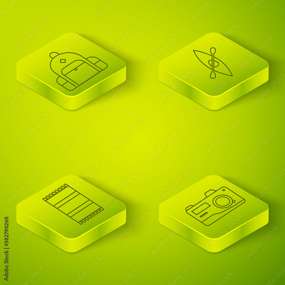 Set Isometric Kayak or canoe and paddle, Beach towel, Photo camera and Hiking backpack icon. Vector.