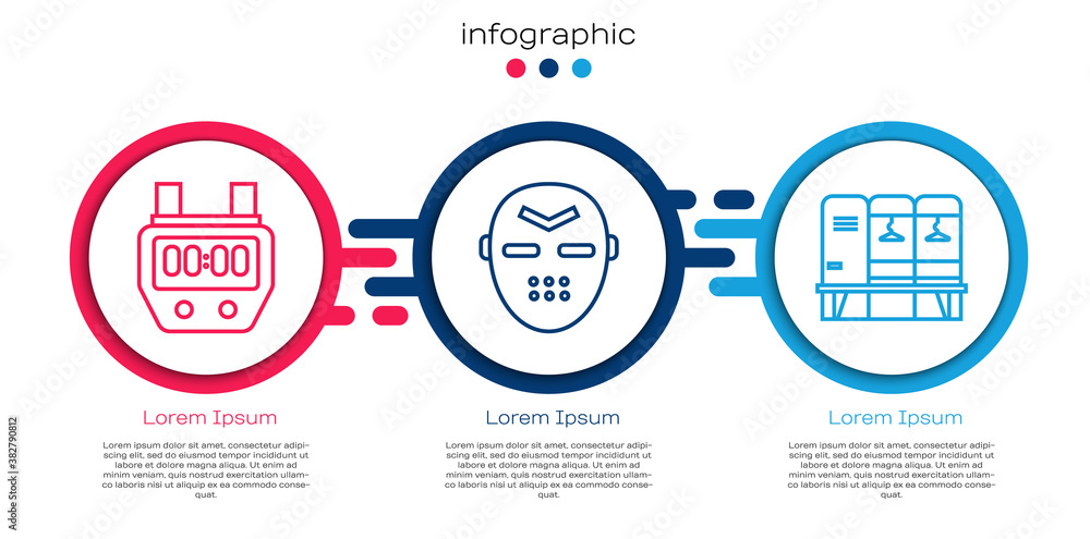 Set line Stopwatch, Hockey mask and Locker or changing room. Business infographic template. Vector.