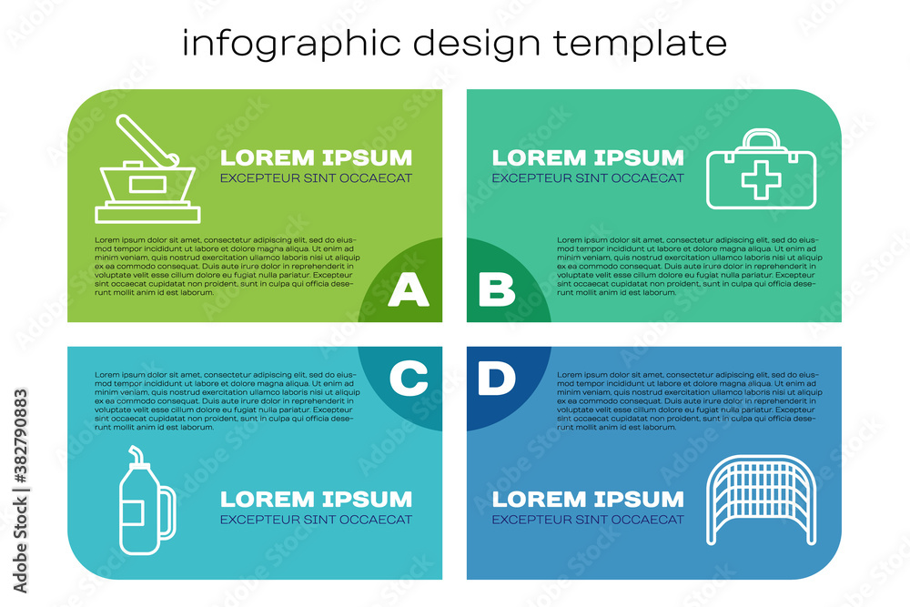 Set line Fitness shaker, Ice hockey cup champion, Ice hockey goal and First aid kit. Business infogr