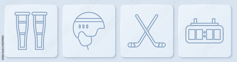 Set line Crutch or crutches, Ice hockey sticks, Hockey helmet and Hockey mechanical scoreboard. Whit