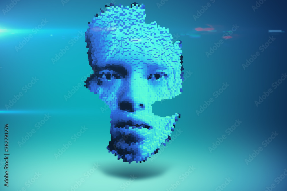 Abstract cube head on blue background.