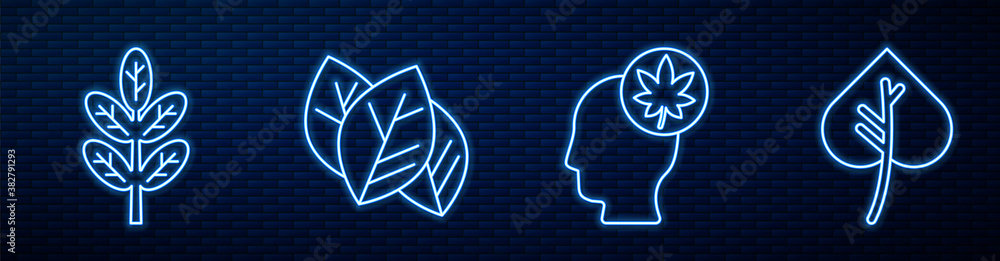 Set line Human head with leaf, Leaf or leaves, Leaf or leaves, Leaf or leaves and Shovel. Glowing ne