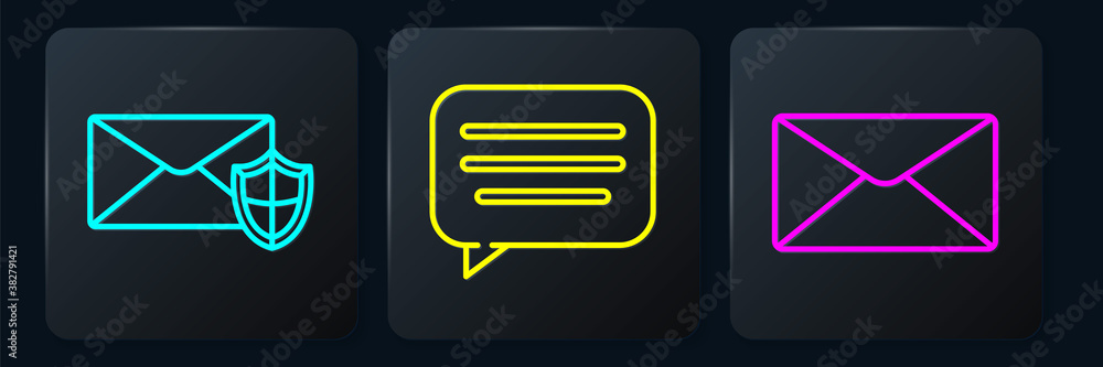 Set line Envelope with shield, Envelope and Speech bubble chat. Black square button. Vector.