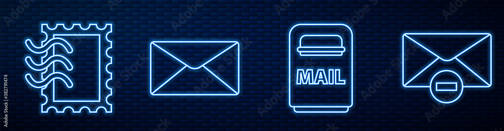 Set line Mail box, Postal stamp, Envelope, Delete envelope and Laptop with envelope. Glowing neon ic