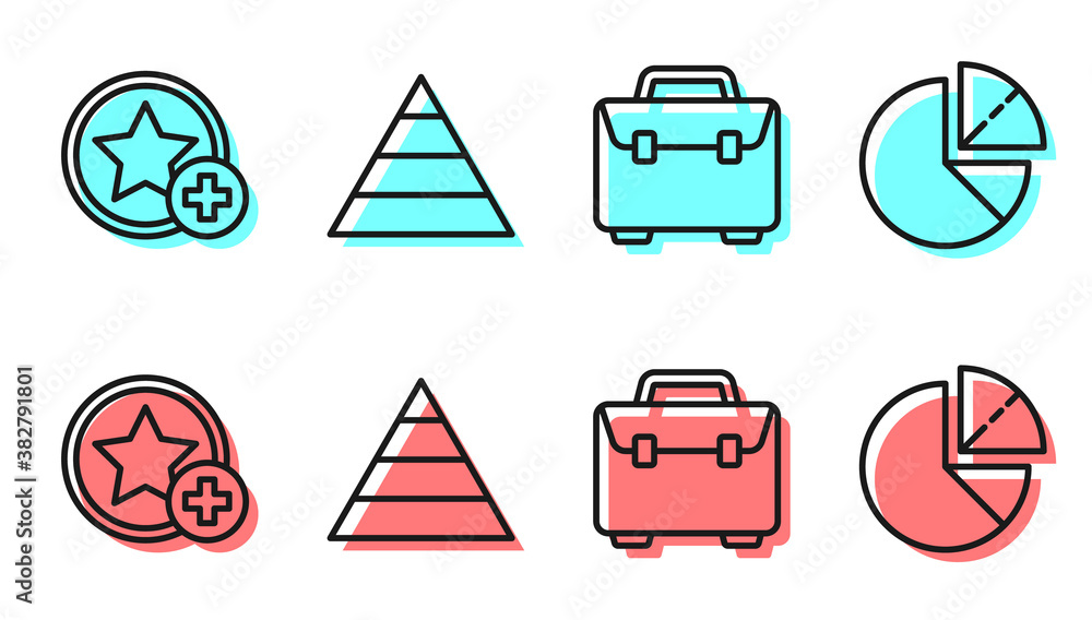 Set line Briefcase, Star, Pyramid chart infographics and Pie chart infographic icon. Vector.