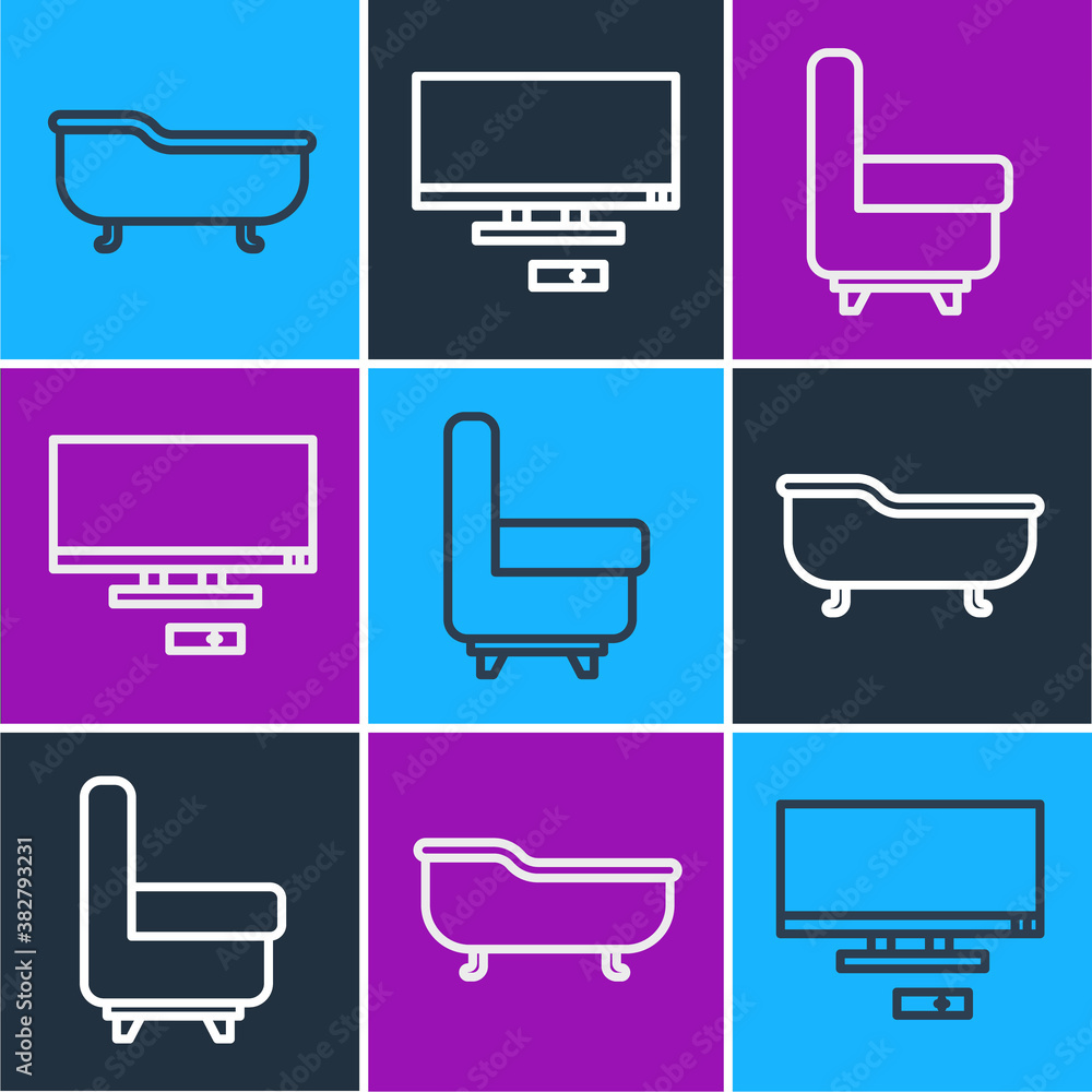 Set line Bathtub, Armchair and Smart Tv icon. Vector.