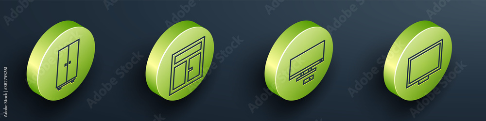 Set Isometric Wardrobe, Window in the room, Smart Tv and Picture frame on table icon. Vector.