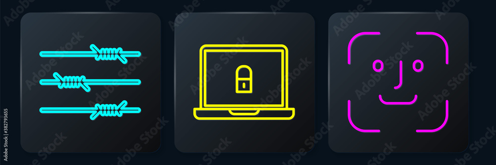 Set line Barbed wire, Face recognition and Laptop and lock. Black square button. Vector.