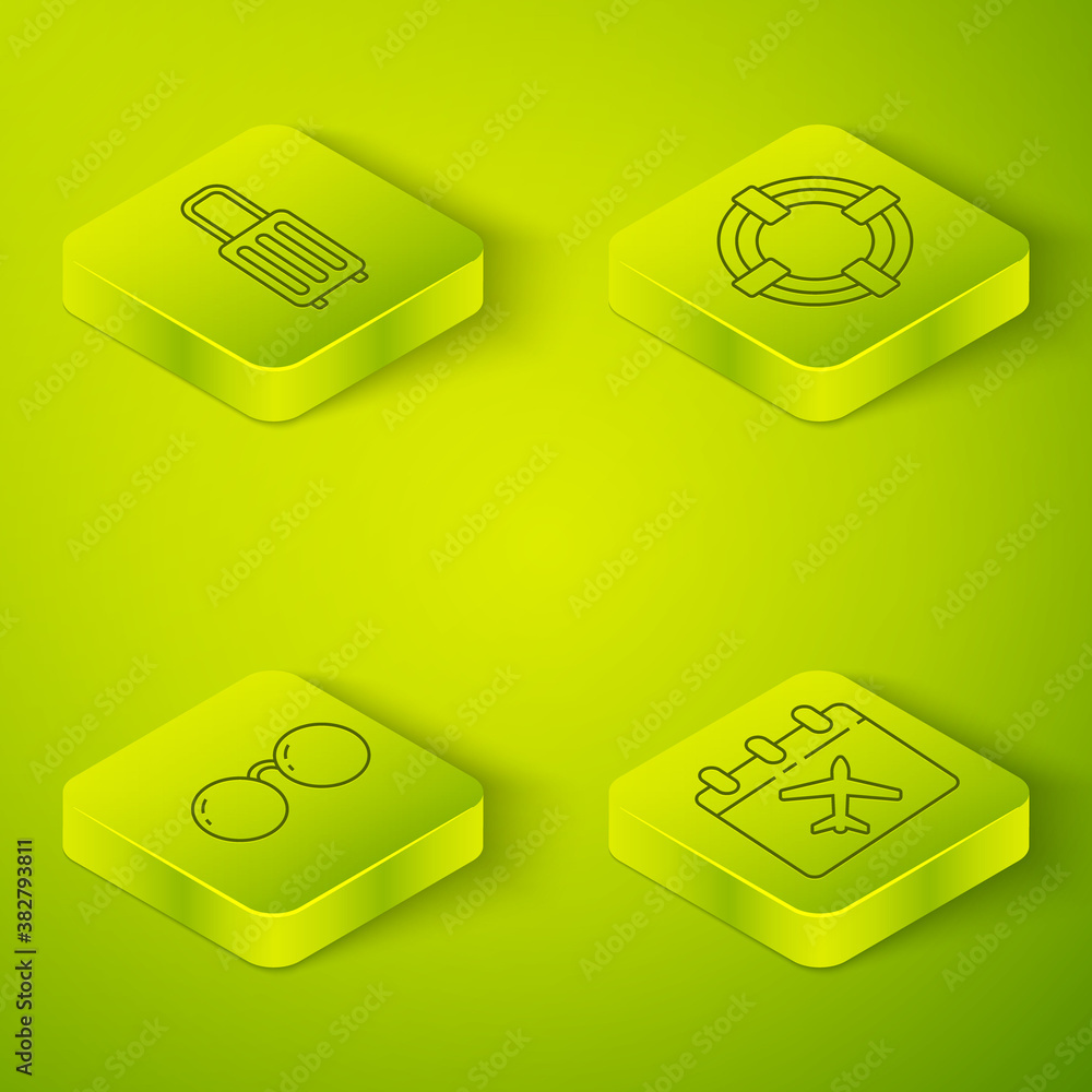 Set Isometric Lifebuoy, Glasses, Calendar and airplane and Suitcase icon. Vector.