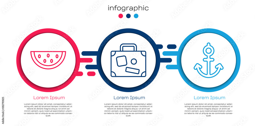 Set line Watermelon, Suitcase and Anchor. Business infographic template. Vector.