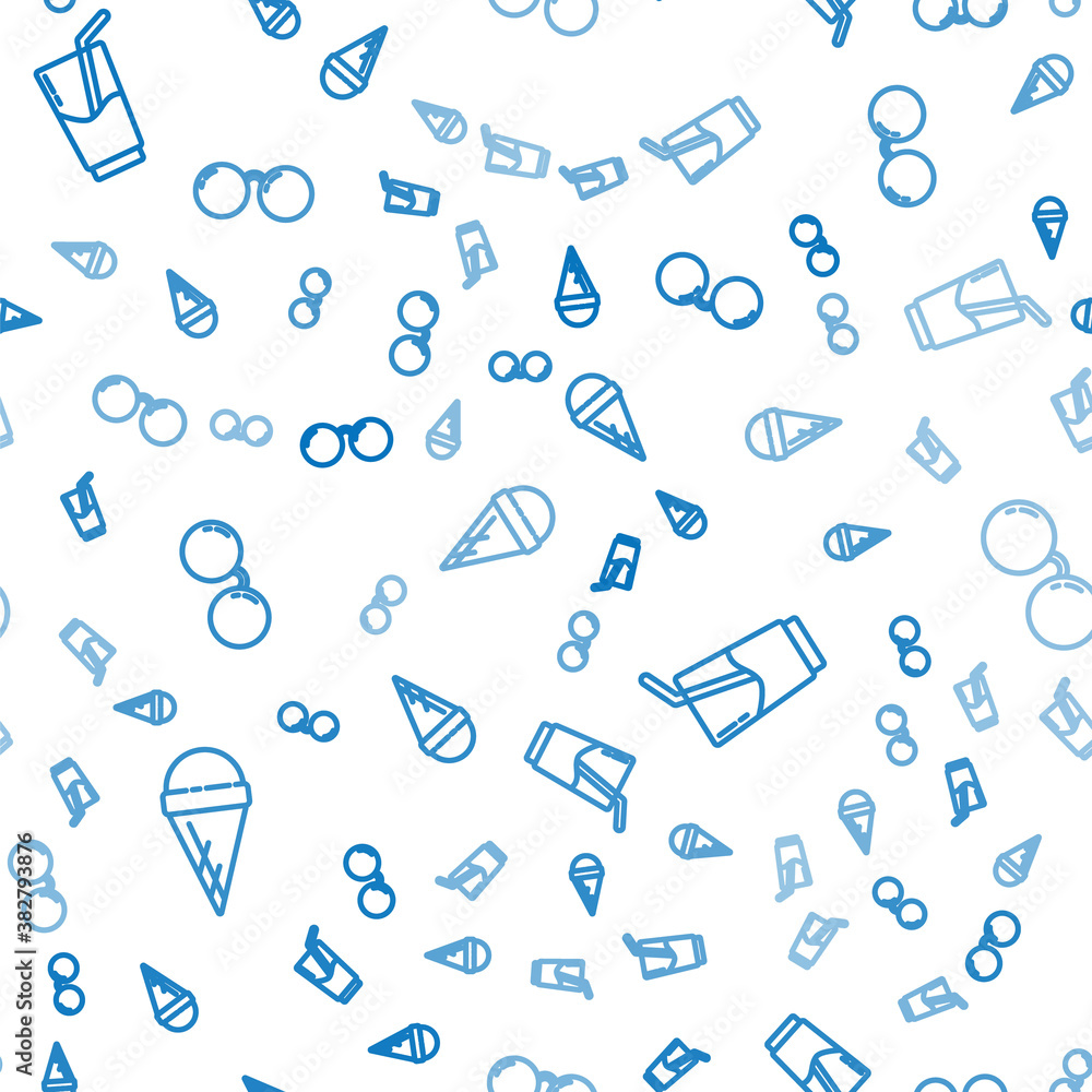 Set line Ice cream in waffle cone, Cocktail and alcohol drink and Glasses on seamless pattern. Vecto