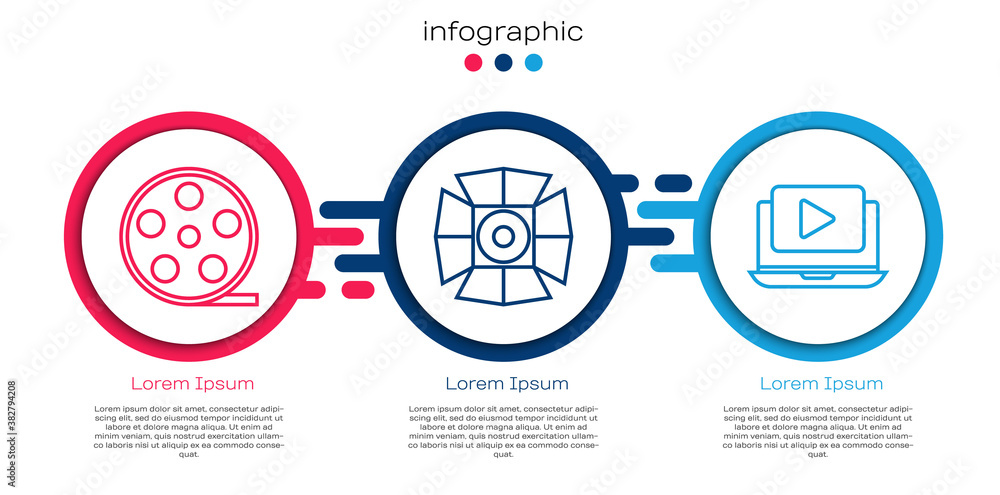 Set line Film reel, Movie spotlight and Online play video. Business infographic template. Vector.