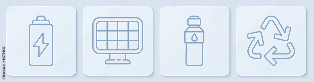 Set line Battery, Bottle of water, Solar energy panel and Recycle symbol. White square button. Vecto