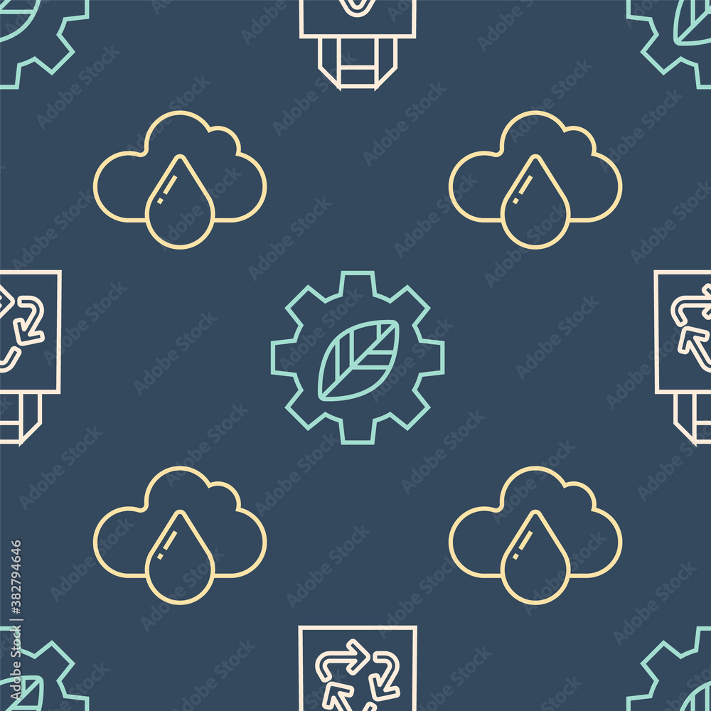 Set line Paper bag with recycle, Cloud with rain and Leaf plant in gear machine on seamless pattern.