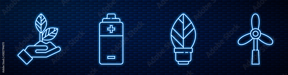 Set line Light bulb with leaf, Plant in hand, Battery and Wind turbine. Glowing neon icon on brick w