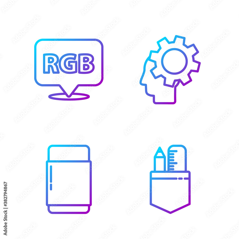 Set line Crossed ruler and pencil, Eraser or rubber, Speech bubble with RGB and CMYK and Human head 