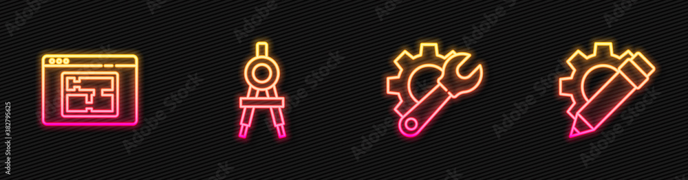 Set line Wrench spanner and gear, House plan, Drawing compass and Pencil. Glowing neon icon. Vector.