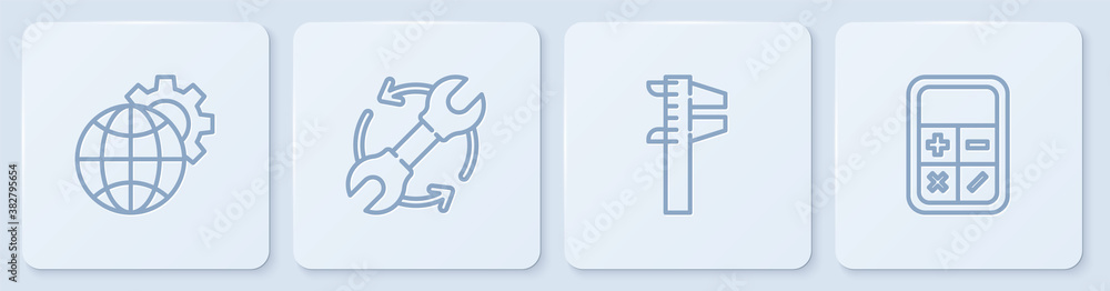 Set line Globe of the Earth and gear, Calliper or caliper scale, Wrench arrows as workflow and Calcu