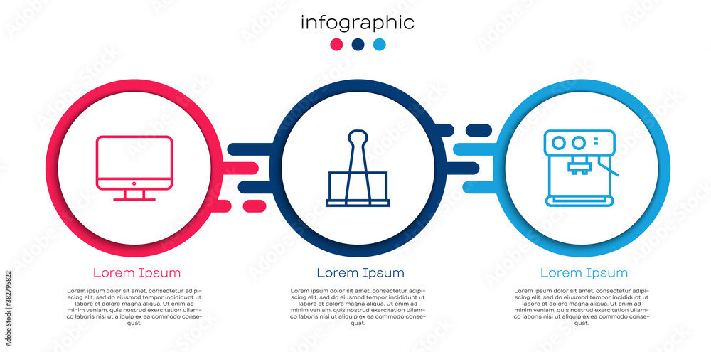设置线电脑显示器屏幕、活页夹和咖啡机。商业信息图模板。Vec