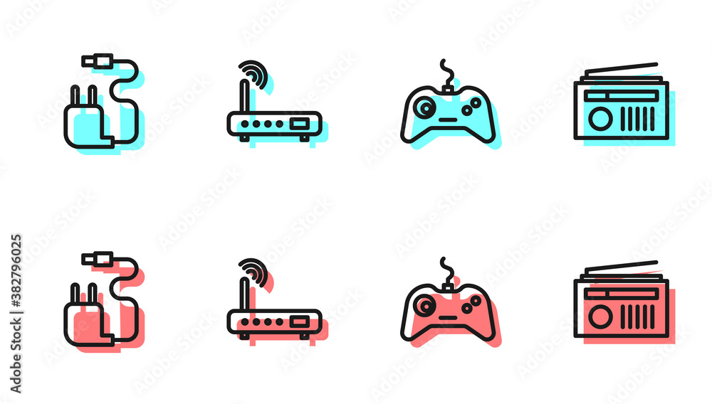 Set line Gamepad, Charger, Router and wi-fi signal and Radio with antenna icon. Vector.