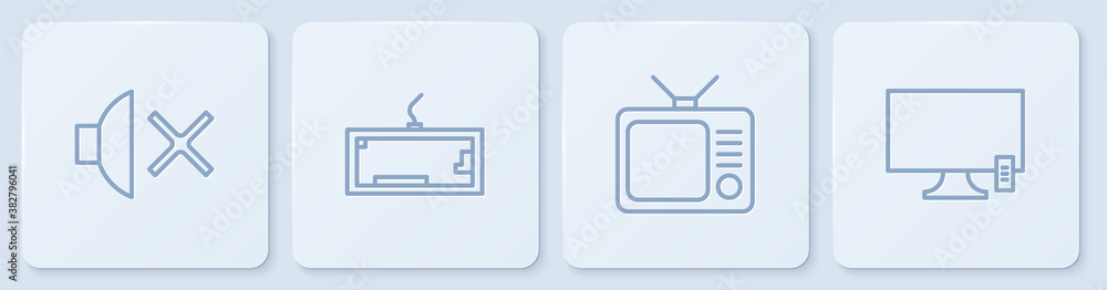 Set line Speaker mute, Retro tv, Keyboard and Smart Tv. White square button. Vector.