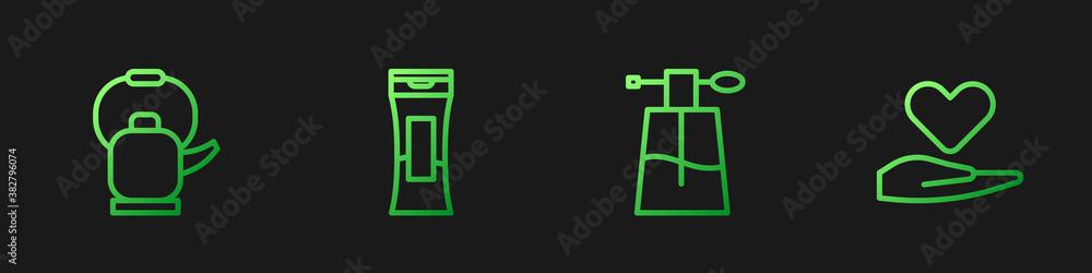 Set line Perfume, Kettle with handle, Bottle of shampoo and Heart on. Gradient color icons. Vector.