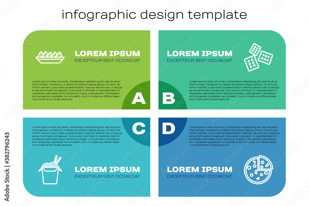 Set line Asian noodles and chopsticks, Nachos in plate, Pizza and Cracker biscuit. Business infograp