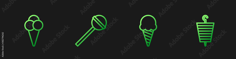 Set line Ice cream in waffle cone, , Lollipop and Grilled shish kebab. Gradient color icons. Vector.