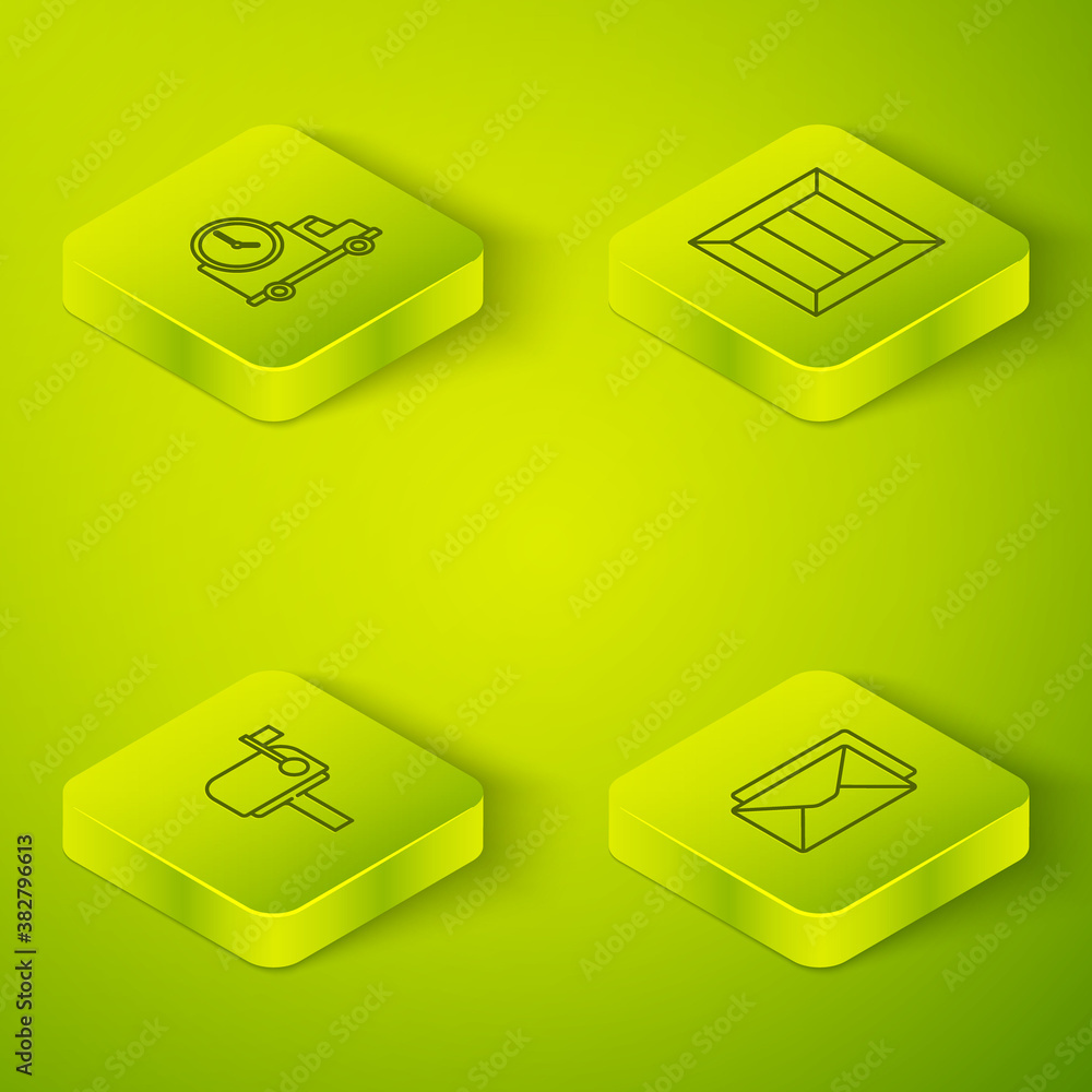 Set Isometric Wooden box, Mail, Envelope and Logistics delivery truck and clock icon. Vector.