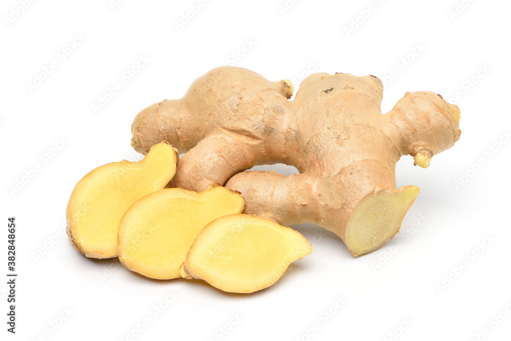 Fresh ginger rhizome with sliced isolated on white background.