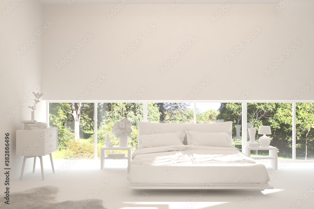 Stylish bedroom in white color with summer landscape in window. Scandinavian interior design. 3D ill