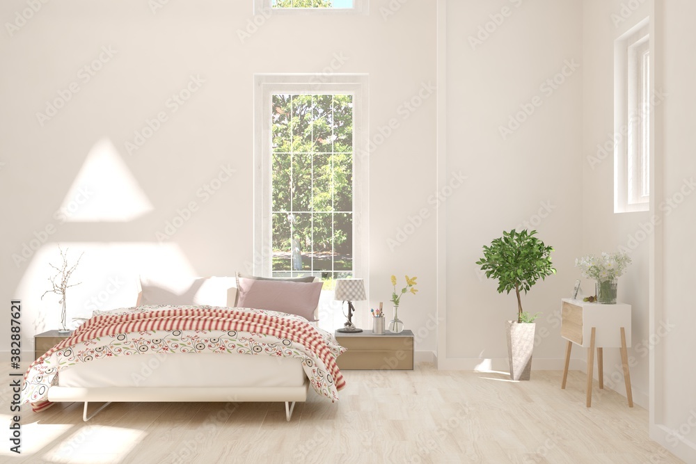 Stylish bedroom in white color with summer landscape in window. Scandinavian interior design. 3D ill