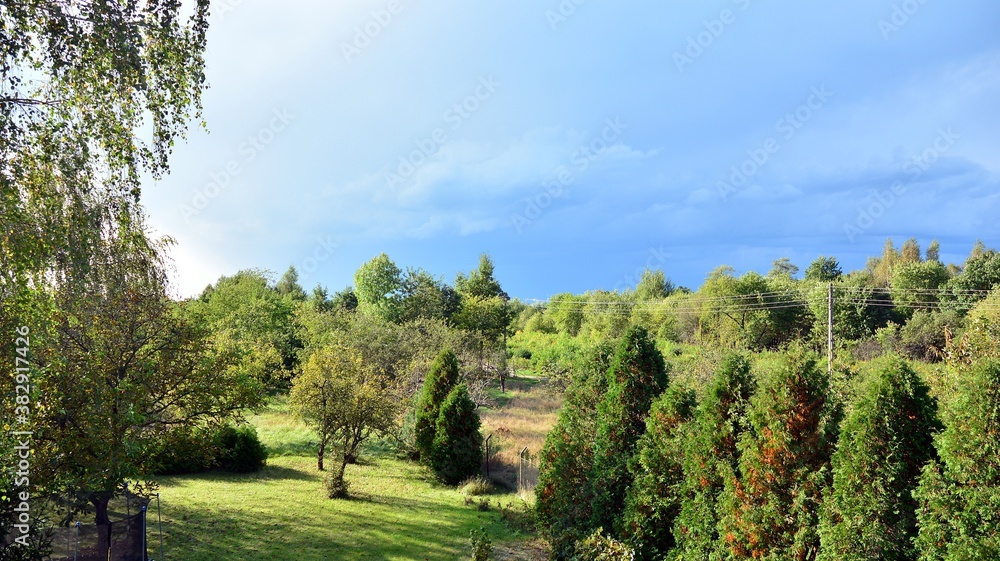 Black storm clouds during summer, Landscape with trees and meadows