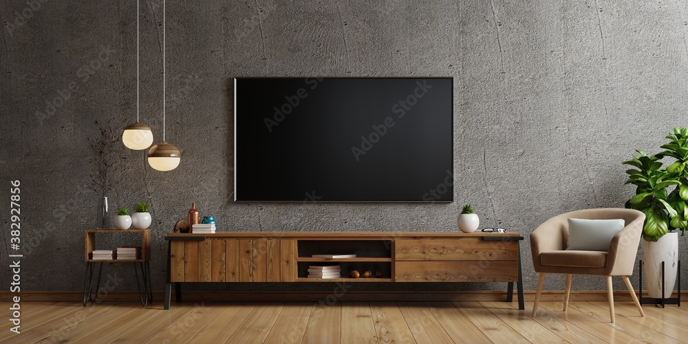 Tv on cabinet the in modern living room the concrete wall.