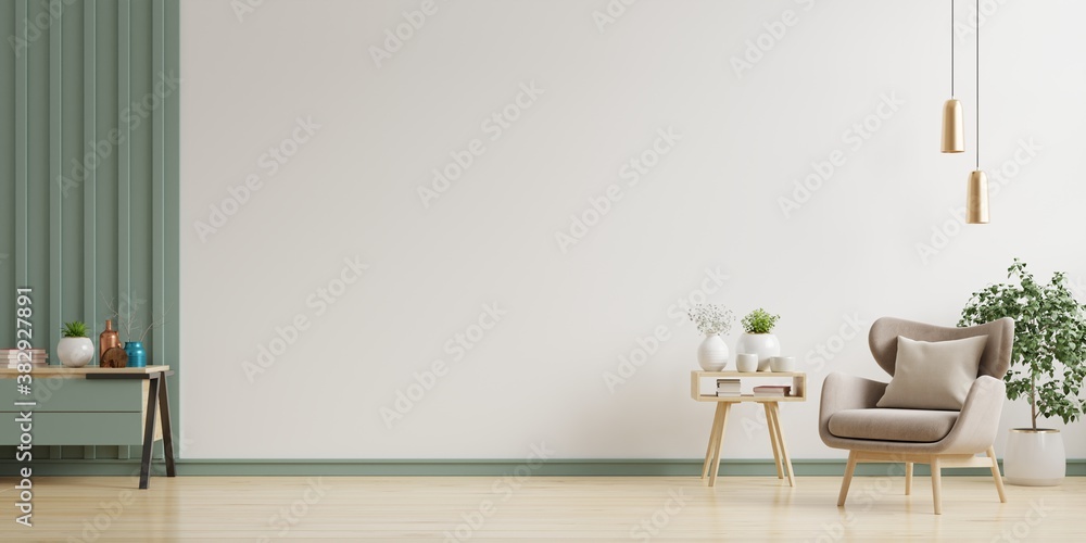 The interior has a armchair on empty white wall background.