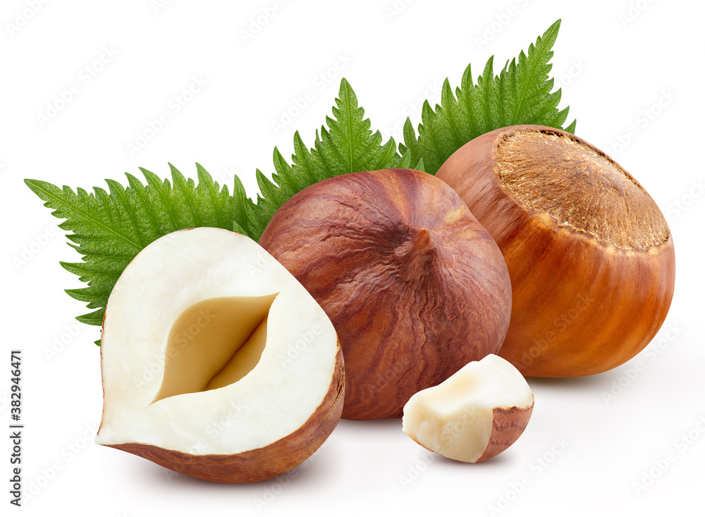 Hazelnut nut half with leaves isolated