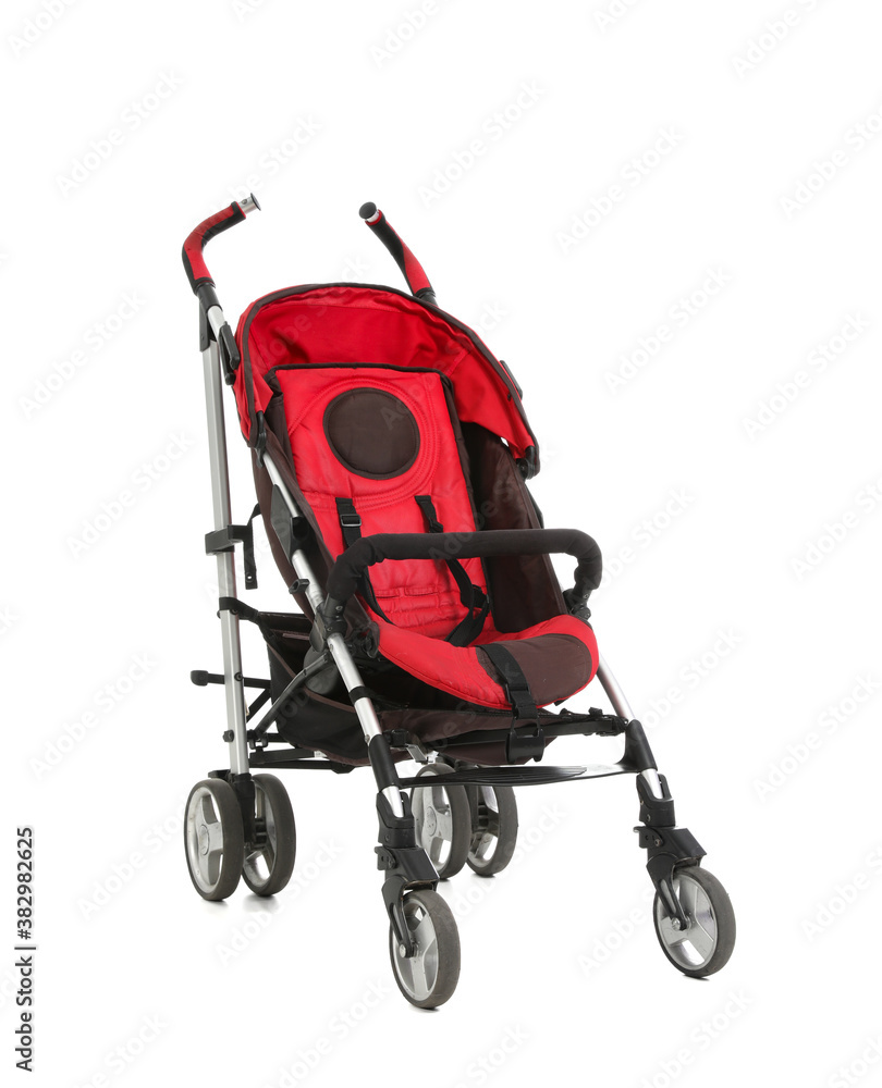 Modern baby stroller on white background