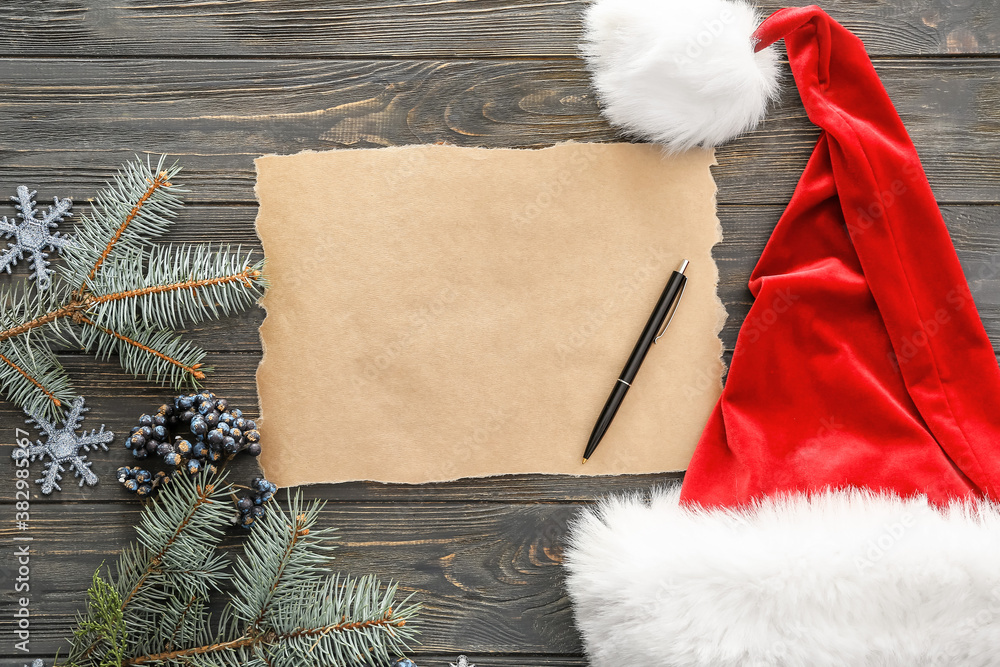 Blank letter to Santa and Christmas decor on wooden background