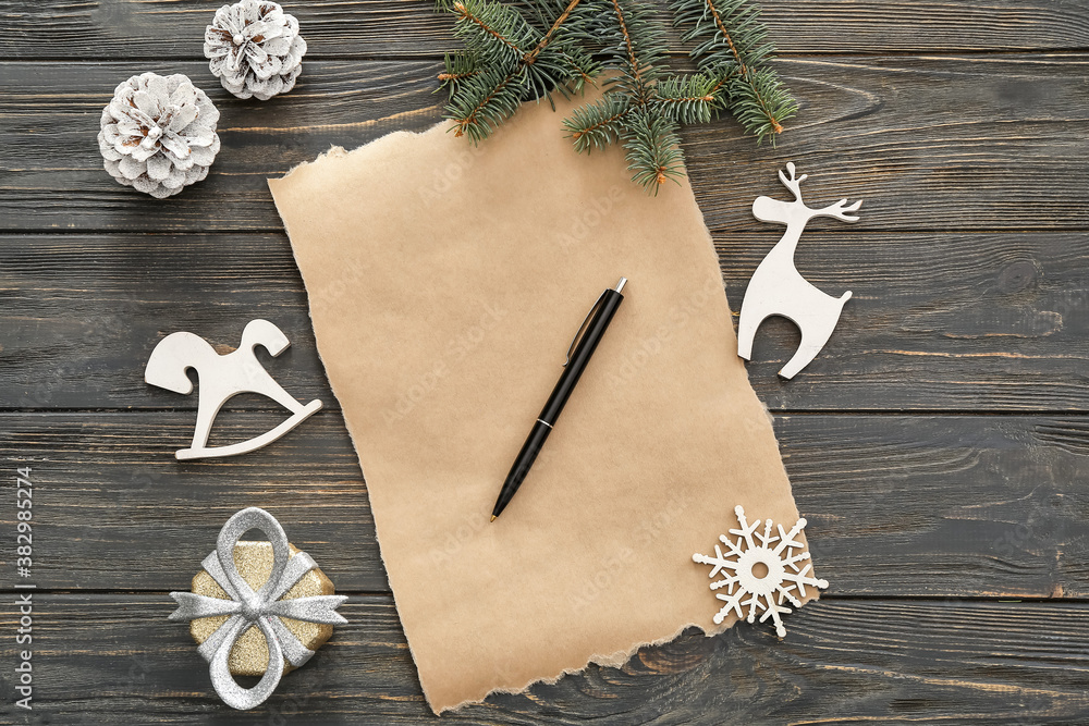 Blank letter to Santa and Christmas decor on wooden background