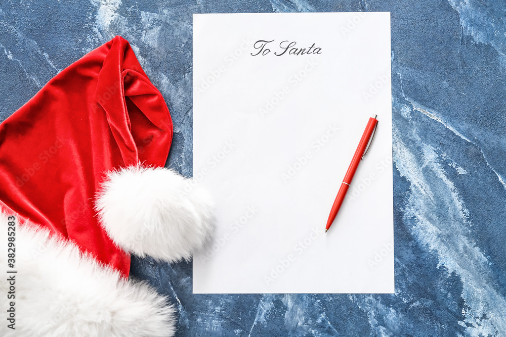 Letter to Santa and Christmas decor on color background