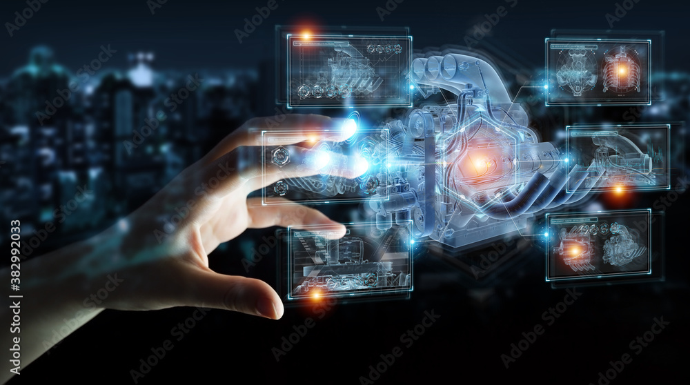 Businessman hand holding and touching wireframe holographic digital projection of an engine 3D rende