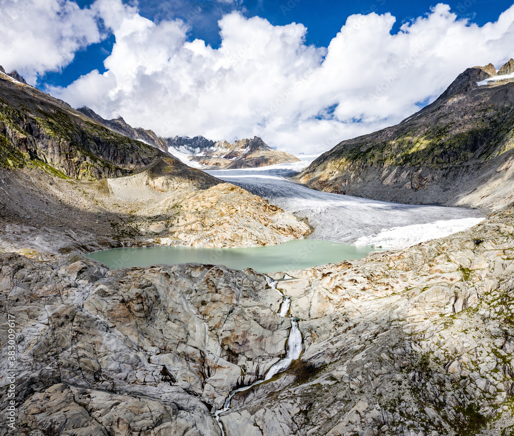 The Rhone Glacier, the source of the Rhone River at Furka Pass in the Swiss Alps