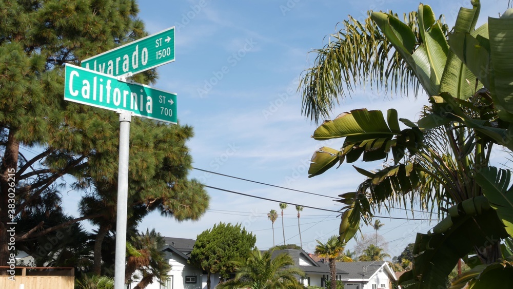 California street road sign on crossroad. Lettering on intersection signpost, symbol of summertime t