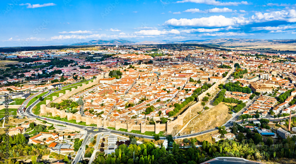 Aerial view of Avila with its medieval walls. UNESCO world heritage in Spain